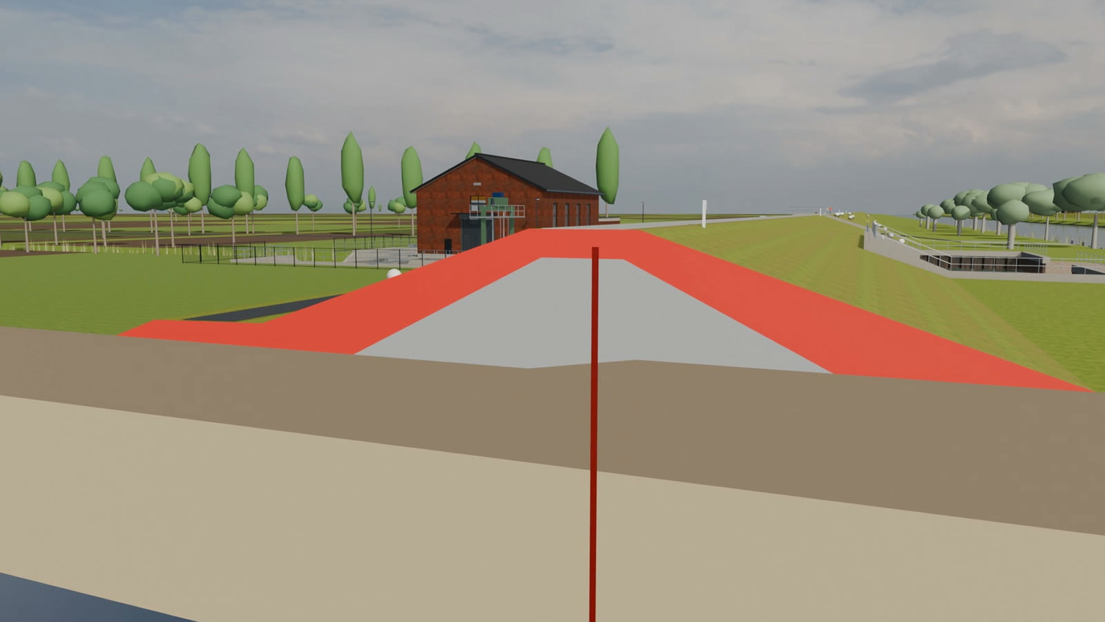 Cross-section through a fictional flood dike, existing core in grey and new layers in red, with a brick pumping station behind